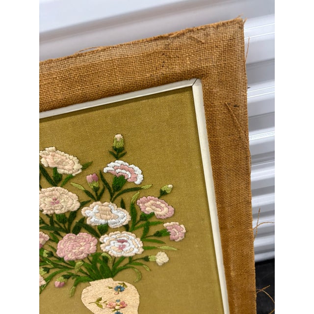 Shabby Chic Vintage Floral Crewel Embroidery Wall Art With Burlap Border For Sale - Image 3 of 11