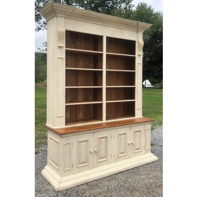 Wonderful pine vintage farmhouse two part step back display cupboard display cabinet. Bold strong cornice with floral...