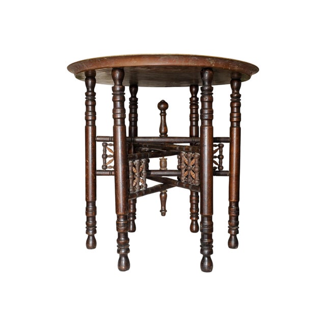 Middle Eastern Folding Tea Table with Removable Brass Circular Tray in the style of Liberty of London, 1890s, Set of 2 For Sale - Image 4 of 10
