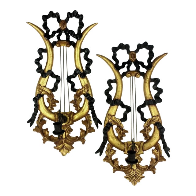 Late 20th Century Vintage French Giltwood Lyre & Ribbons Wall Sconces- A Pair For Sale