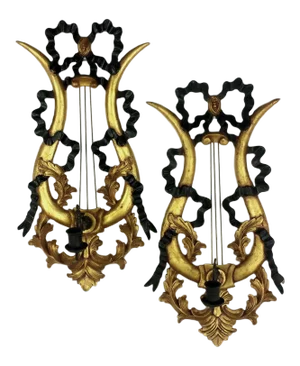 Late 20th Century Vintage French Giltwood Lyre & Ribbons Wall Sconces- A Pair