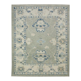 Early 21st Century Green & Blue Floral Design Handwoven Wool Turkish Oushak Rug 5'1" X 6'6" For Sale