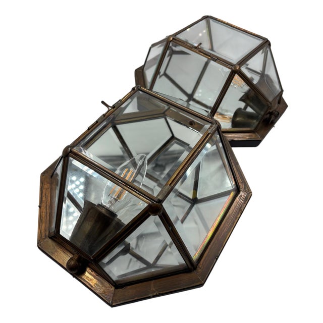 Wall Lights in Brass and Glass, 1950s, Set of 2 For Sale