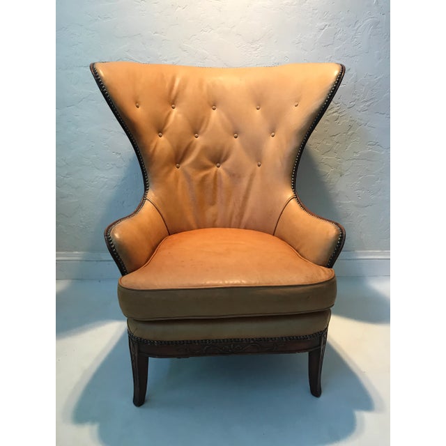 Designer Knoll Upholstered High Wingback Saddle Leather Chair For Sale - Image 11 of 13