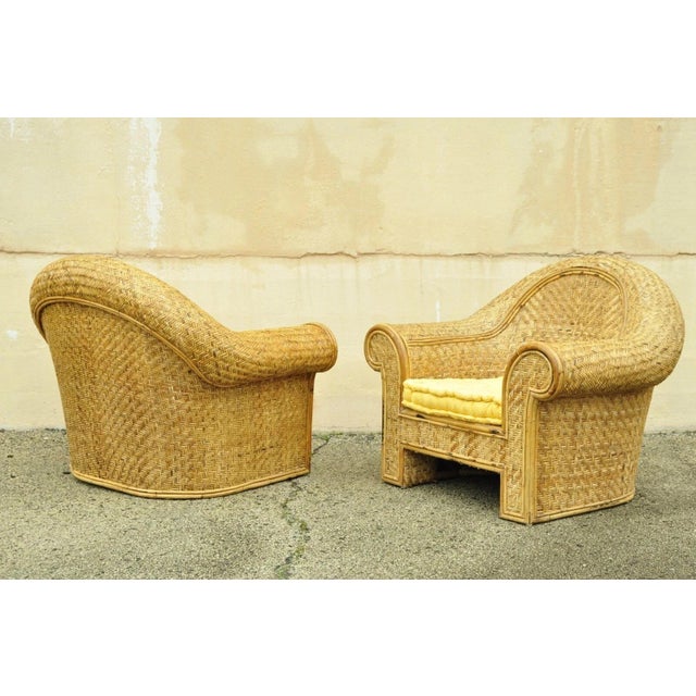 Hollywood Regency Late 20th Century Ralph Lauren Attr. Large Woven Wicker Rattan Club Lounge Chairs - A Pair For Sale - Image 3 of 12