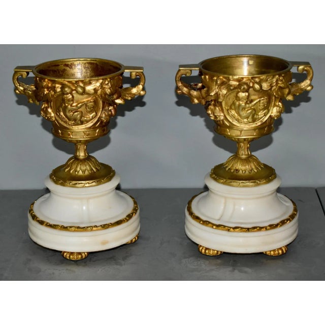 Antique French Cassolette Urns 1880s Gilt Bronze Cherub Marble Vases Lids Pair For Sale - Image 4 of 12