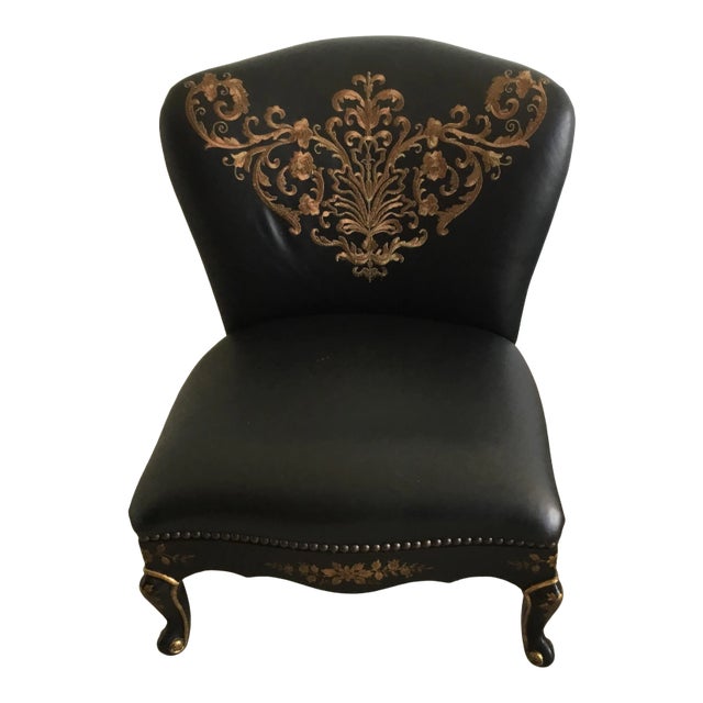 Florio Collection Black Leather Chair with Embroidery and Hand Painted Chinoiserie For Sale