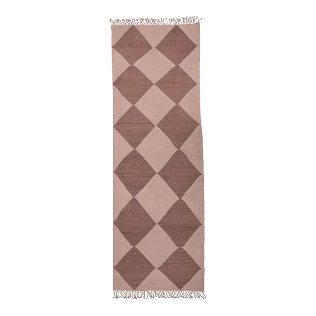 Redwood & Rust Diamond Checker Zanafi Flatweave Moroccan Runner Rug 2'5" X 8' For Sale
