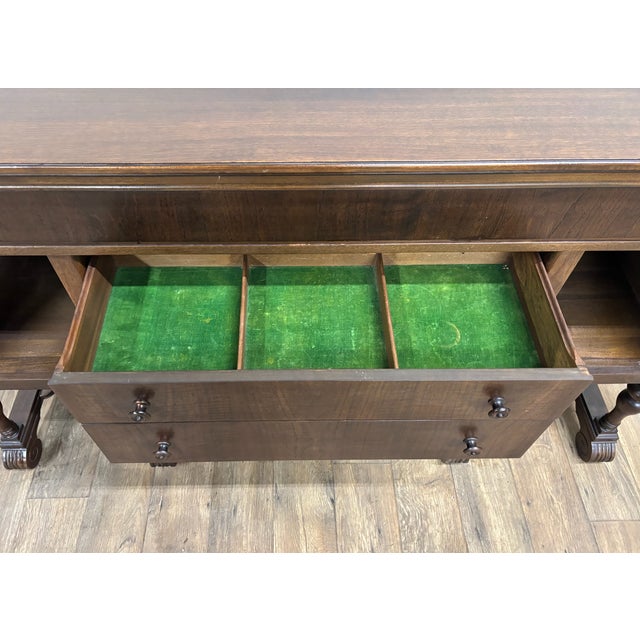 Vintage Jacobean Tudor Style Carved Burled Oak Sideboard Buffet Server Console For Sale - Image 9 of 18
