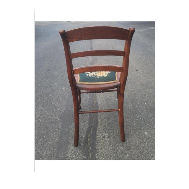 A Pair of Early 20th Century Victorian Style Ladder Back Walnut and Needlepoint Upholstered Seat Side Chairs For Sale - Image 10 of 11