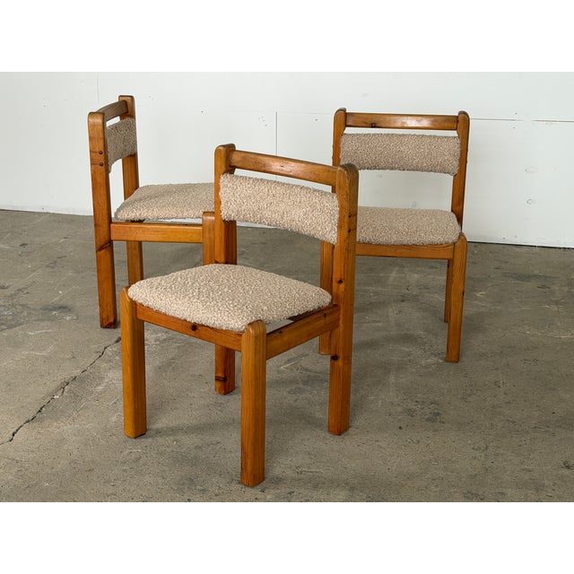 A set of six solid pine dining chairs by an unknown Danish cabinetmaker, Denmark, 1970s. The defining structural feature...