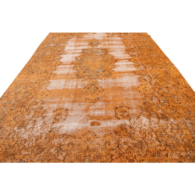 Persian Orange Vintage Persian Handmade Medallion Wool Rug For Sale - Image 3 of 7