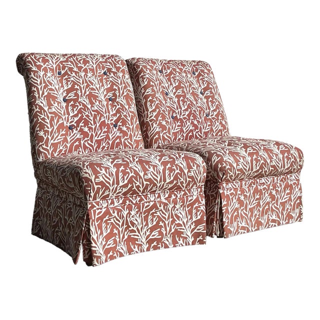 Vintage Coastal Tufted Coral Print Slipper Chairs - a Pair For Sale