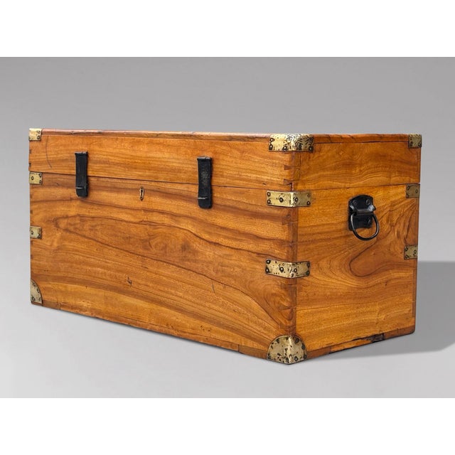 A large late 19th-century camphor wood brass-bound travelling campaign trunk with brass mounts and carrying handles. It...