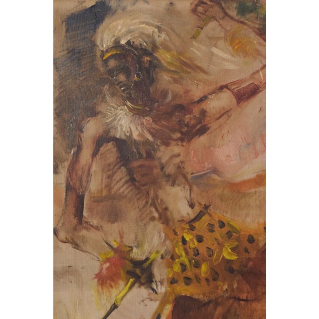 African Dancing Warrior with Cockerel, Mid-20th Century, Oil on Canvas For Sale - Image 3 of 12