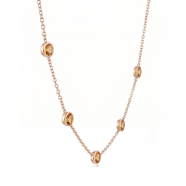 Contemporary Minimalist Citrine Station Necklace | Yellow Gemstone Floating Necklace | Chain Link Round Bezel Choker Necklace For Sale - Image 3 of 3