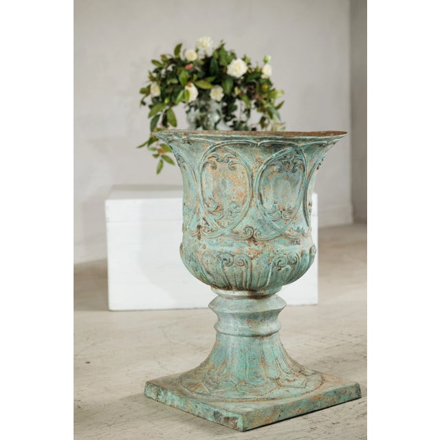 Large Decorative Bronze Urn with Verdigris Patina and Classical Relief Motifs For Sale - Image 12 of 12