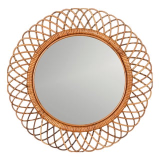 Mid-Century Round Mirror in Rattan and Wicker from Franco Albini, Italy, 1970s For Sale