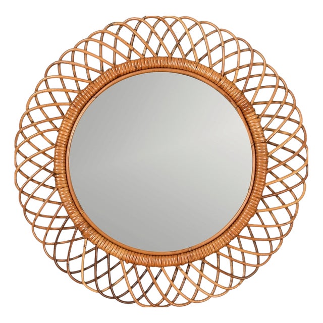 Mid-Century Round Mirror in Rattan and Wicker from Franco Albini, Italy, 1970s For Sale