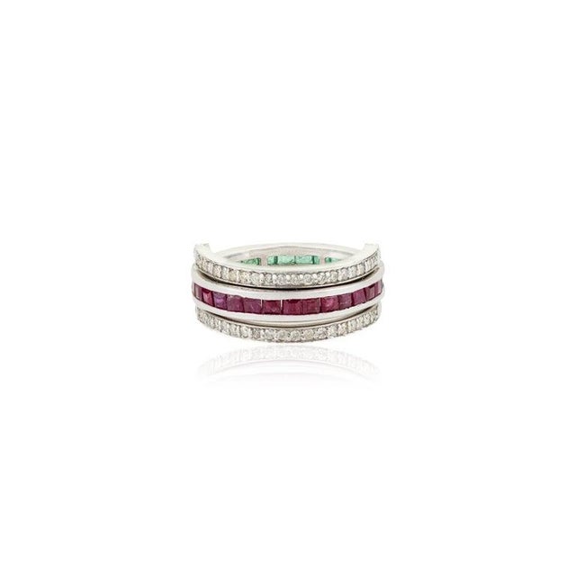 Gemstone Natural Emerald Ruby Diamond Multi-Stone Spinner Band Ring in 925 Silver, Size 6 For Sale - Image 7 of 13