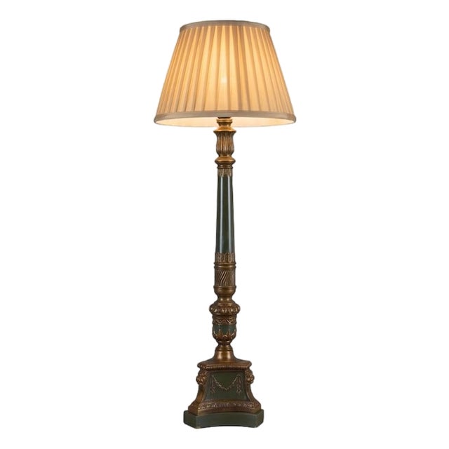 Tall Vintage Brass Table Lamp with Green Lacquered Column, 1950s For Sale