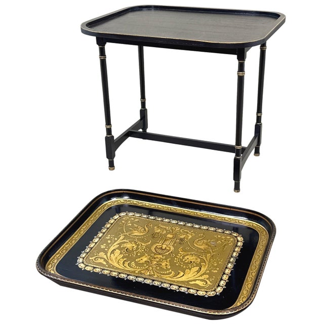 Black Antique Papier Mache Tray on Stand, 1875 For Sale - Image 8 of 16