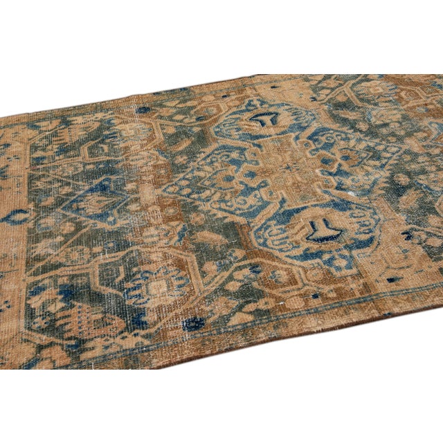 Vintage Distressed Handmade Geometric Beige Wool Rug For Sale - Image 4 of 10