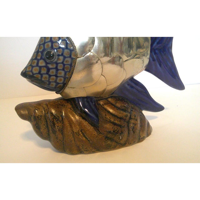 Integrated/Ceramic Pottery Fish Sculpture Brass Scale Armor Attributed to Sergio Bustamante For Sale - Image 4 of 10