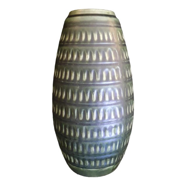 Vintage German Ceramic Vase with Structured Surface and Green Glaze from Jasba, 1970s For Sale