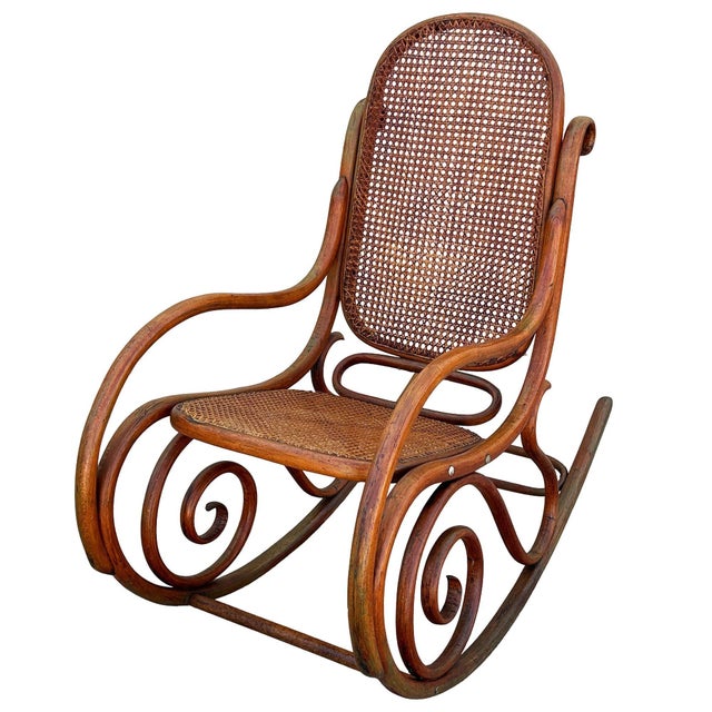 Victorian Late Victorian Oak & Caine Scrolling Rocking Chair Attributed to Thonet No. 4 For Sale - Image 3 of 7