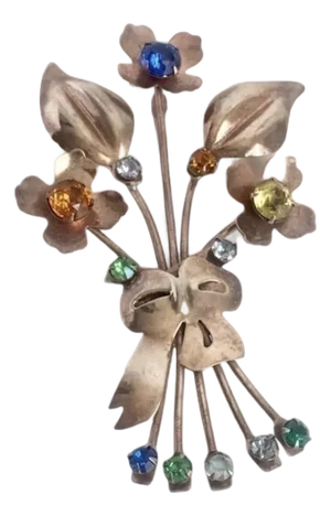 Art Deco Gold Vermeil Brooch Sterling Silver Flower Spray Pin Floral Bouquet Rhinestone 1940s Vintage