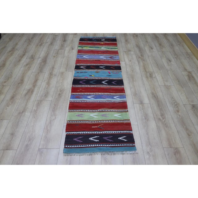 1970s Rustic & Primitive Striped Hand Knotted Oushak Kilim Runner For Sale - Image 13 of 13