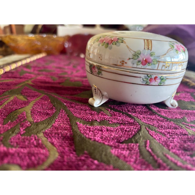 Boho Chic Antique Nippon Powder Box With Hand-Painted Floral Design For Sale - Image 3 of 3