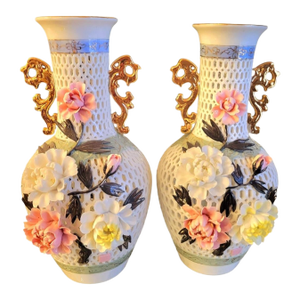 Vintage Blanc De Chin 3 Dimensional Pierced Floral Carnation Chinoiserie Vases - A Pair
