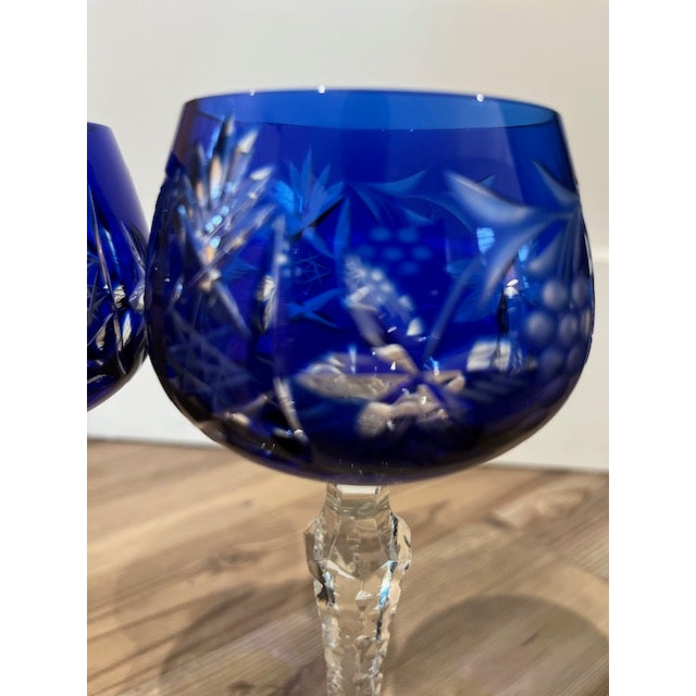 Pair of Bohemian Traube Nachtmann Cobalt Blue Cut Crystal Wine Glasses For Sale - Image 10 of 10