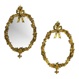 Louis Xvi, Oval Wall Mirrors, Floral Motif, Bronze, Carved Wood, France, 19th C