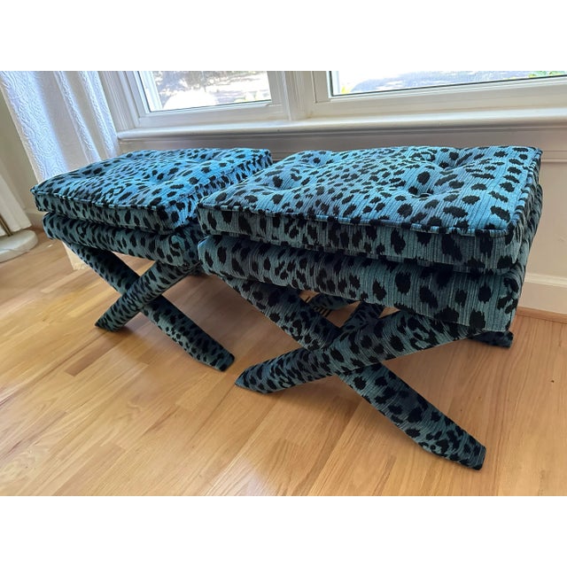 Mid 20th Century Leopard X Base Stools Reupholstered With Blue Leopard by Lillian August for Hickory White Fabric - Set of 2 For Sale - Image 12 of 12