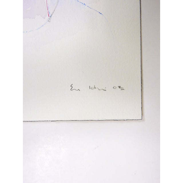 Modernist 2002 red and blue ink paper portrait drawing by Eva Bouzard-Hui (1936-2023) New Jersey. Signed and dated lower...