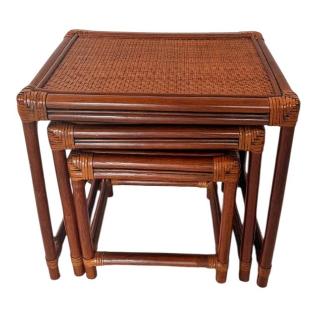 Chippendale Late 20th Century McGuire Manner Rattan Nesting Tables For Sale - Image 3 of 6