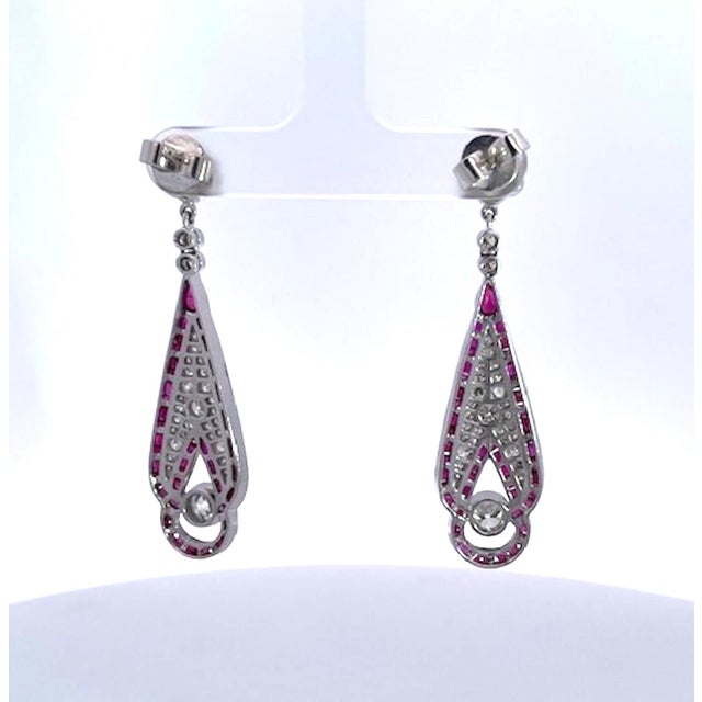 1990s Pair of Art Deco 18k White Gold Ruby Diamond Drop Earrings, 2" Length For Sale In Los Angeles - Image 6 of 12