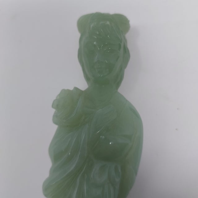Late 20th Century Chinese Carved Jade Goddess Figure Holding a Lotus Flower on Wood Base 6" Tall For Sale In New York - Image 6 of 10