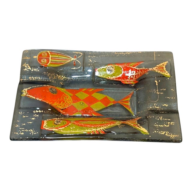 Higgins Art Glass Midcentury Orange Fish Glass Ashtray For Sale