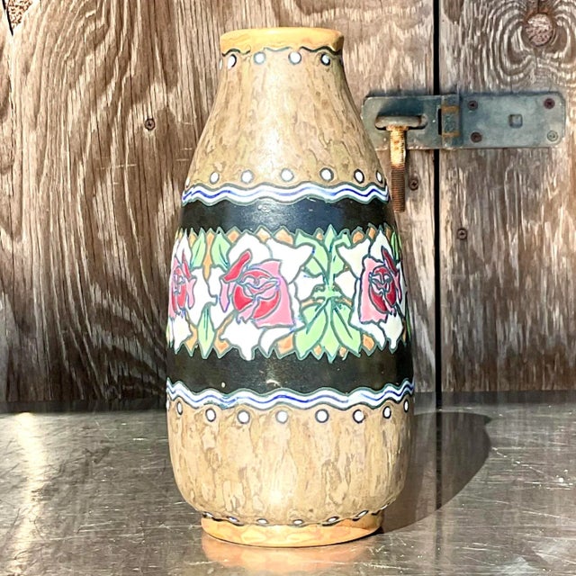 A stunning vintage Boho hand painted vase. Made by the coveted Charles Gatteau for Bock Freres Keramis. Beautiful floral...