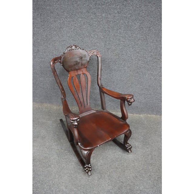Brown Antique Horner Style Mahogany Carved Lion Arm Rocking Chair For Sale - Image 8 of 11