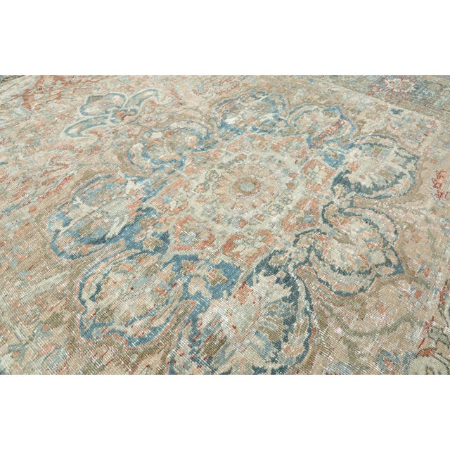 Antique Distressed Heriz Rug – Handwoven Wool on Cotton, Faded Blue & Terracotta Medallion Carpet -7' 11'' X 11' 2'' For Sale - Image 14 of 18