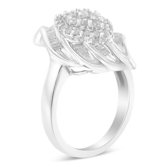Contemporary .925 Sterling Silver ¾ Cttw Round and Baguette Cut Diamond Stair-Stepped Cluster Waterfall Cocktail Ring (I-J Color, I2-I3 Clarity) - Size 7 For Sale - Image 3 of 6