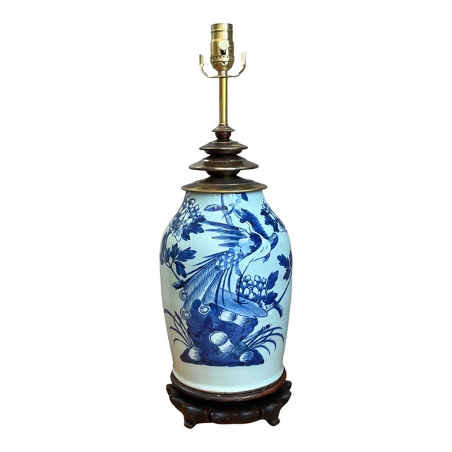 Vintage Blue and White Ceramic Table Lamp For Sale