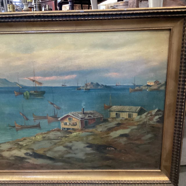 Early 20th Century Swedish Small Harbor Painting, Framed For Sale - Image 9 of 10