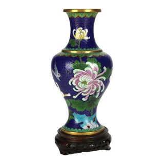 Antique Chinese Cloisonne Enameled Floral Vase With Peony & Wood Base C1930 For Sale