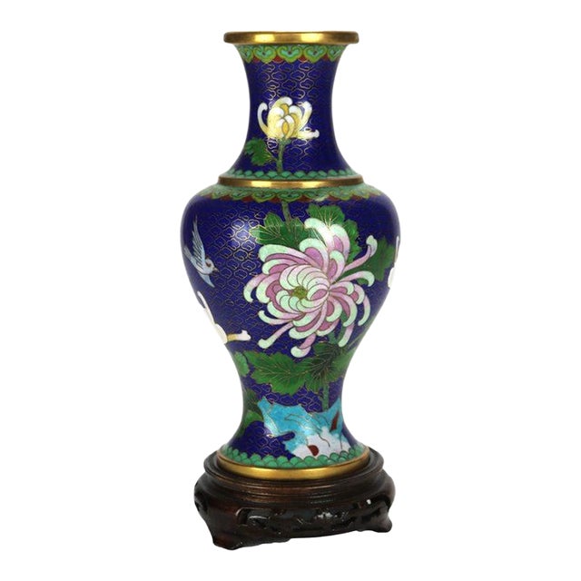 Antique Chinese Cloisonne Enameled Floral Vase With Peony & Wood Base C1930 For Sale